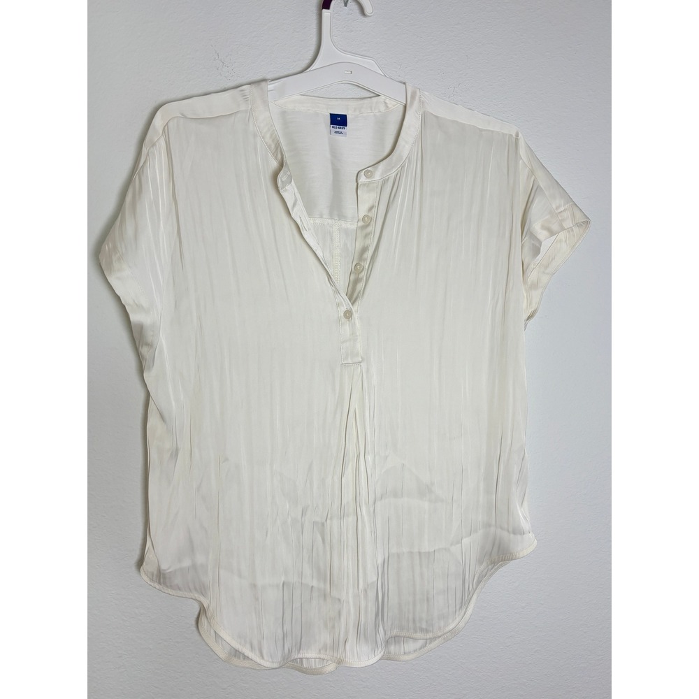 Old Navy Ivory Crinkle Henley Blouse Short Sleeve Off White Band Collar Top M